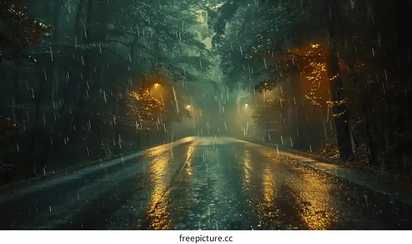 Nighttime rainfall on an empty city road with streetlights