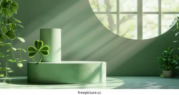 Green podium with clovers and plants