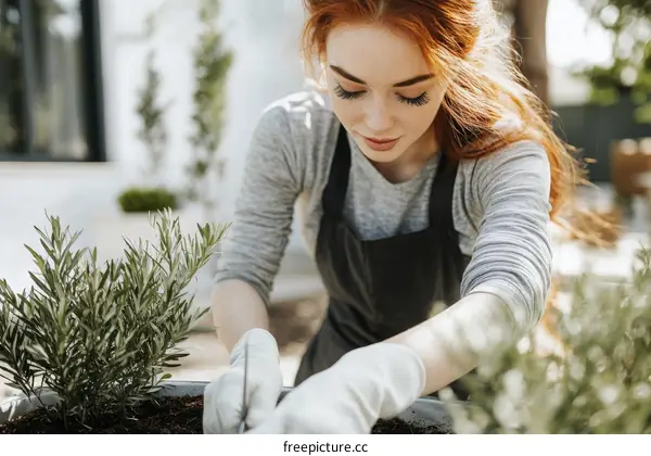Woman Planting Rosemary in a Planter Outdoor