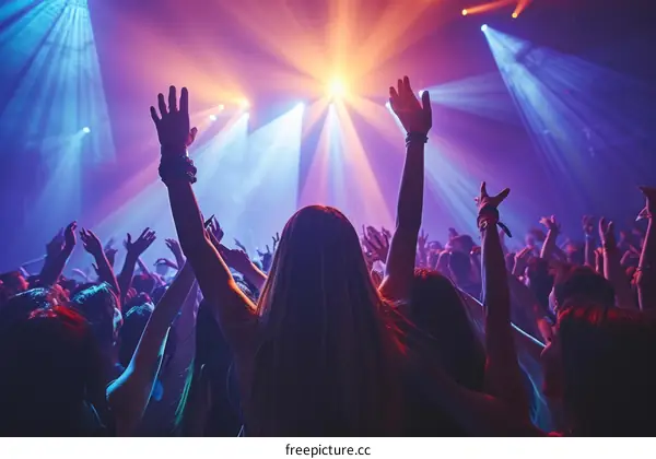 Young People Dancing at a Nightclub with Colorful Stage Lights