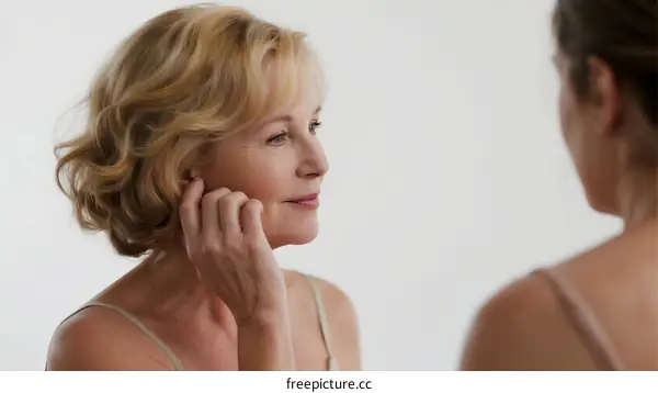 Mature woman touching face while looking at mirror in bathroom