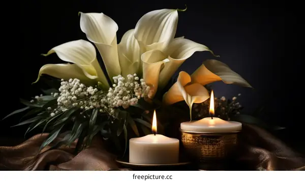 Elegant Calla Lilies and Candles Still Life on Dark Background
