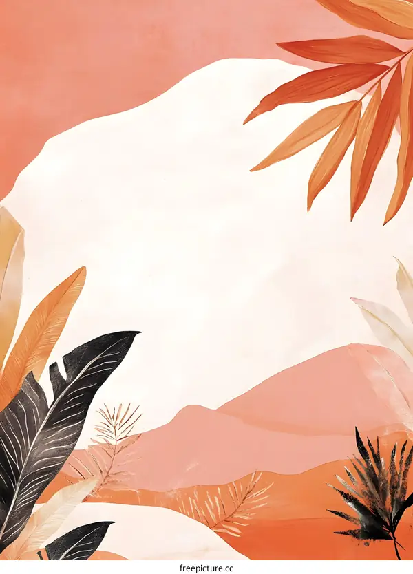 Tropical Leaves and Abstract Mountains Landscape Illustration
