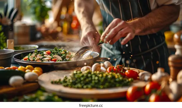Chef Cooking Food in Kitchen with Steam and Fresh Vegetables