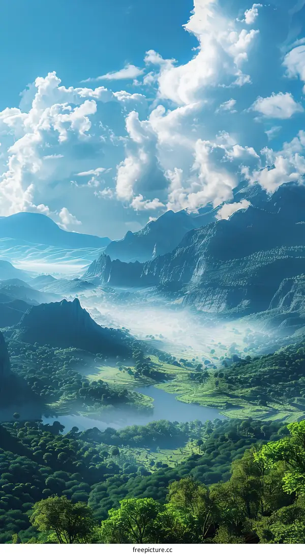 Awe-inspiring Fantasy Landscape with Towering Mountains, Flowing River, and Majestic Clouds