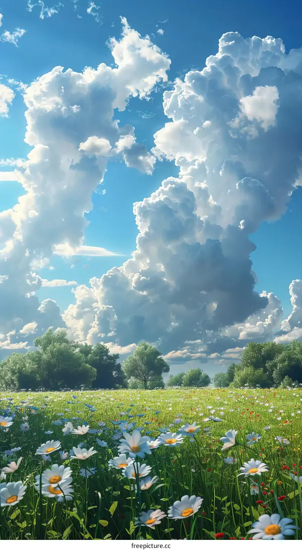 Beautiful Summer Meadow with Fluffy Clouds
