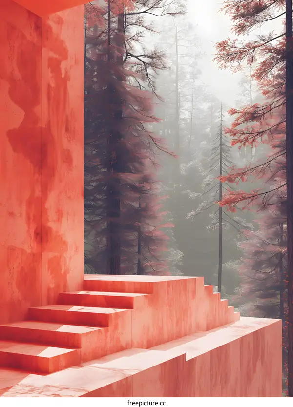 Pink podium in foggy forest