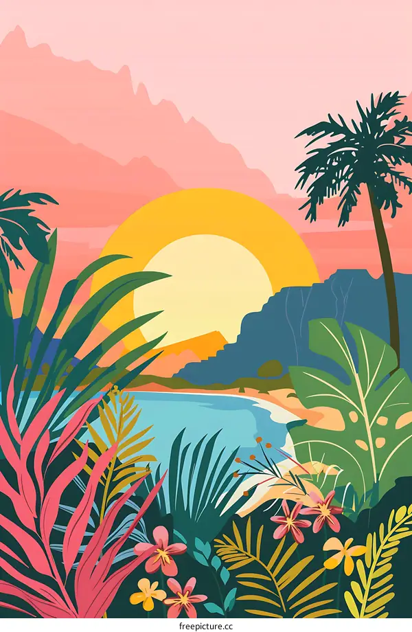 Tropical Sunset Beach Landscape Illustration