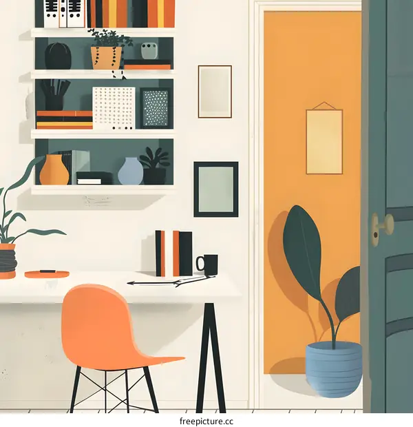 Minimalist Home Office Illustration with Desk and Bookshelves