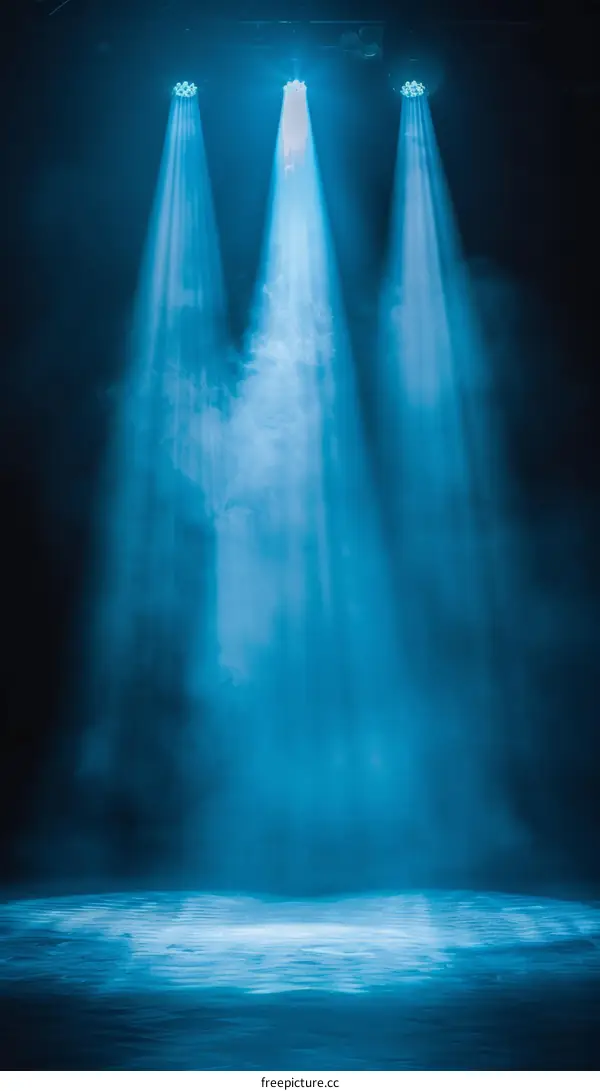 Blue spotlights shining down on an empty stage