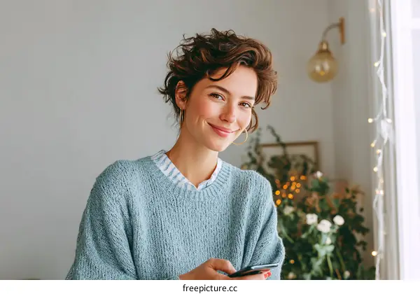 Smiling Woman Using Smartphone at Home