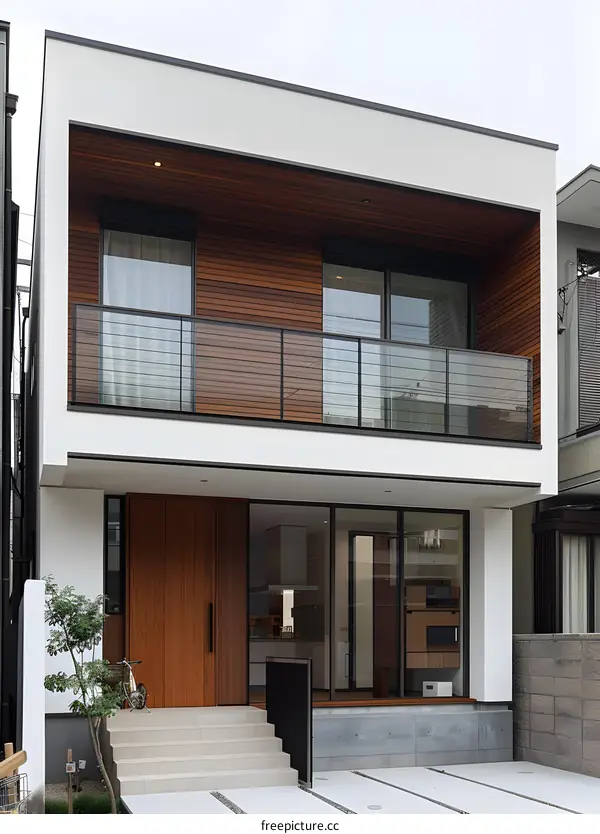 Modern Two Story House with Wooden Exterior and Balcony