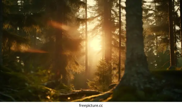 The sun shines through the tall trees in the forest