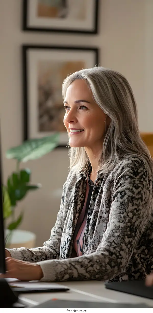 Smiling Woman Working on Computer in Home Office