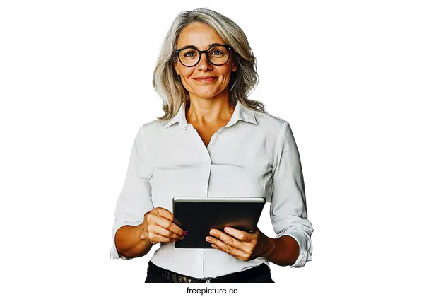 [Transparent Background PNG]Confident Business Woman Holding Tablet