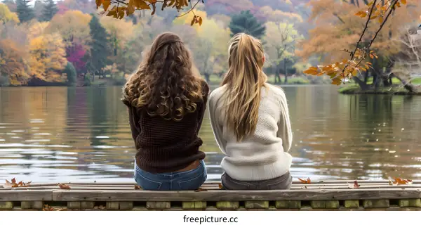 Two Girls Sitting on a Wooden Dock by a Lake in Autumn