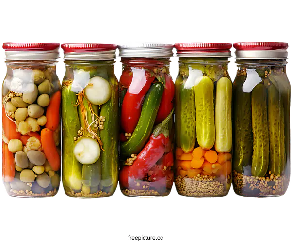[Transparent Background PNG]Assorted Pickled Vegetables in Glass Jars