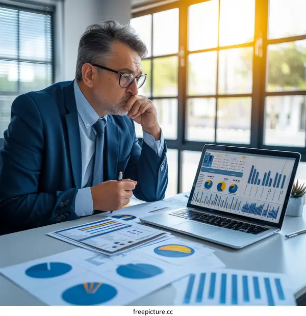 Businessman analyzing financial data on laptop screen surrounded by graphs and charts
