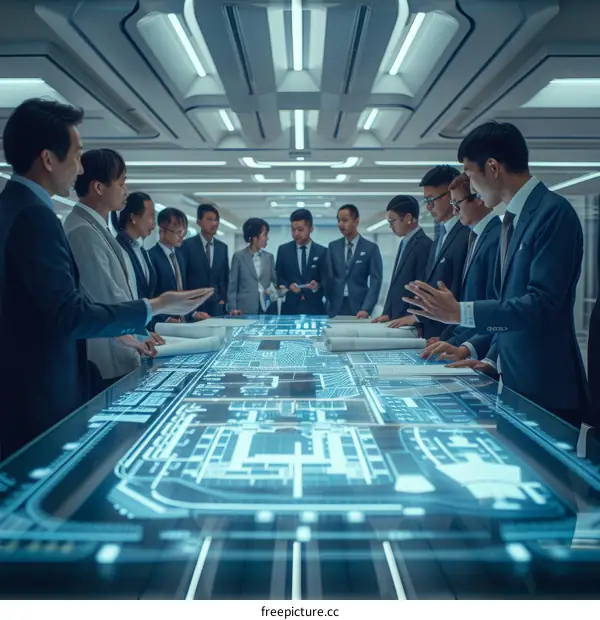 People in suits are gathered around a table looking at a cityscape of the future.