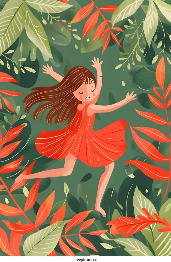 Girl Dancing in Green Leaves Illustration