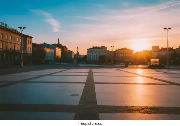 Sunset over an empty urban square with buildings in the background