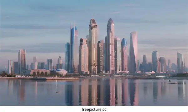 Modern Urban Skyline with Tall Skyscrapers by Calm Water
