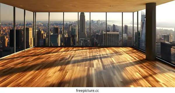 Modern Empty Room With Window View of Cityscape