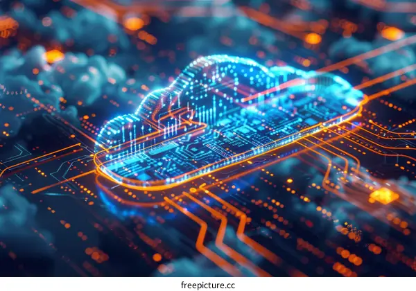 Blue and orange glowing cloud computing illustration