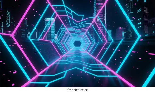Futuristic neon light corridor with geometric patterns and city background