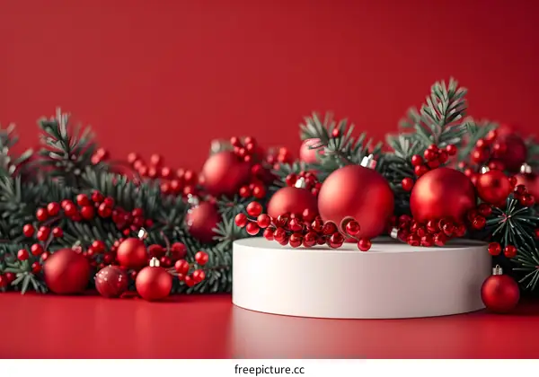 Red Christmas Ornaments with Pine Branches on a White Platform