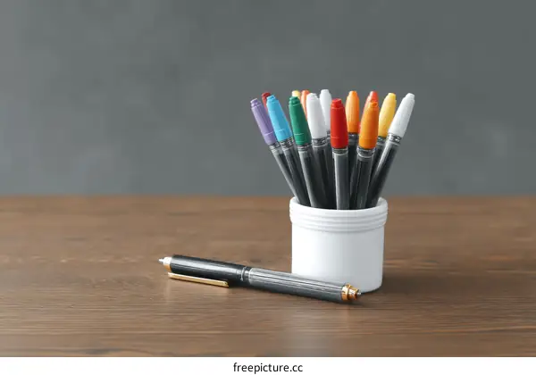 Colorful Pens in a Pen Holder on Wooden Desk