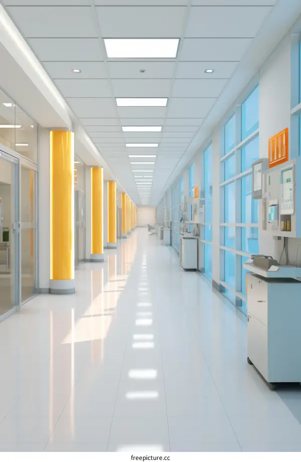 Yellow Column Hospital Hallway with Large Windows