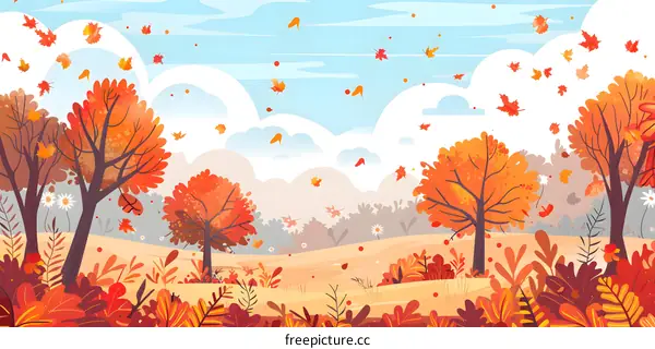 Autumn Landscape With Trees And Falling Leaves