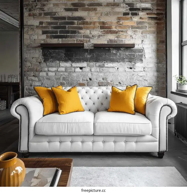 White Chesterfield Sofa with Mustard Yellow Pillows in a Brick-Wall Living Room