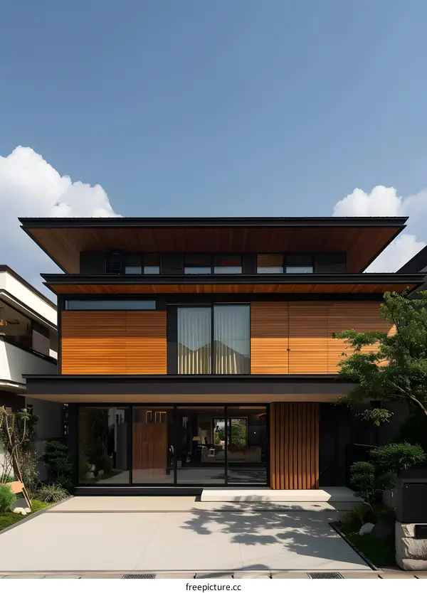 Modern Japanese House with Wooden Facade and Overhang