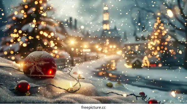 Christmas ornaments in the snow with a snowy village in the background