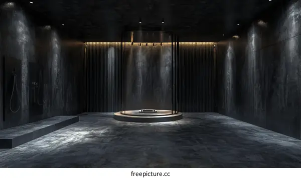 Minimalist Black Concrete Bathroom with Round Glass Shower