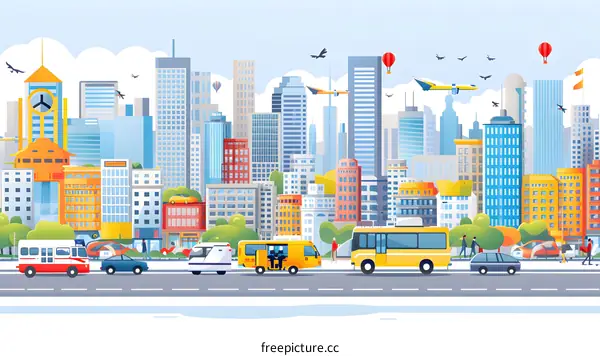 Cityscape with People Walking and Cars on the Street