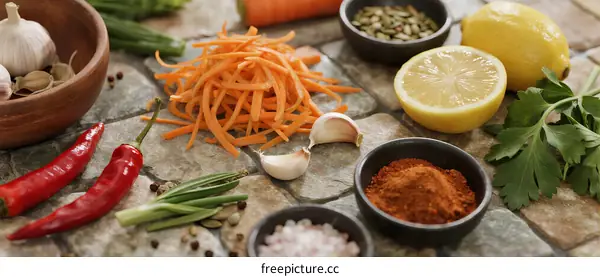Fresh Raw Vegetables Spices and Lemon for Healthy Cooking
