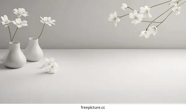 White Flowers in White Vases on White Background