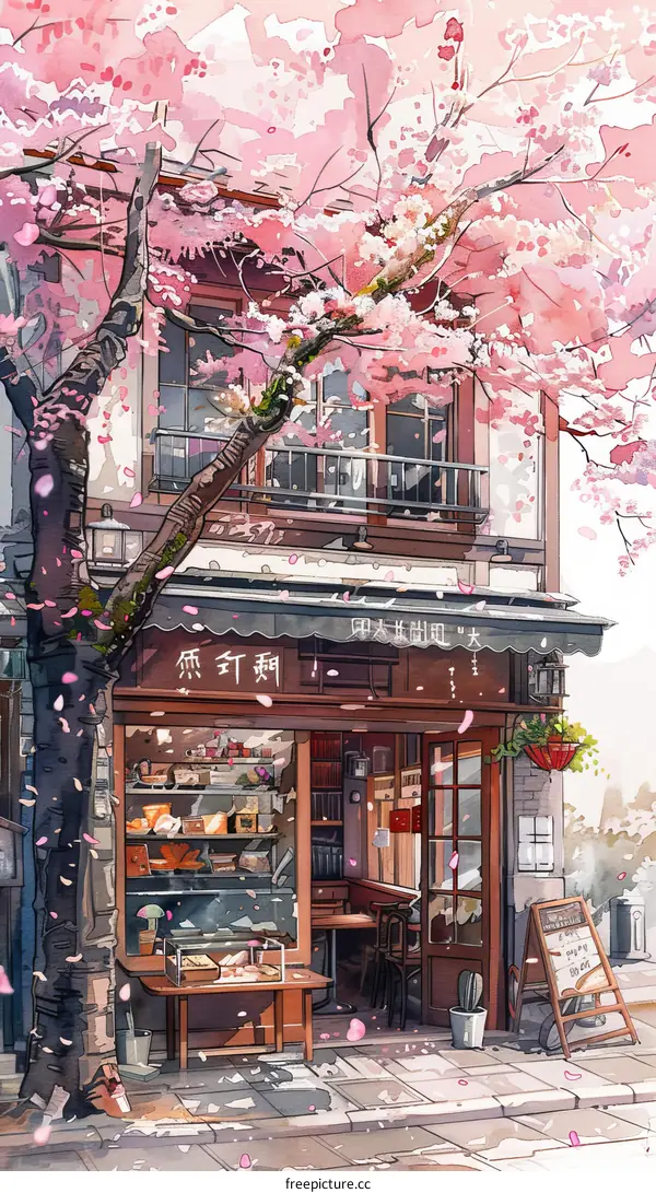 A small cafe with a pink flowering tree in front of it