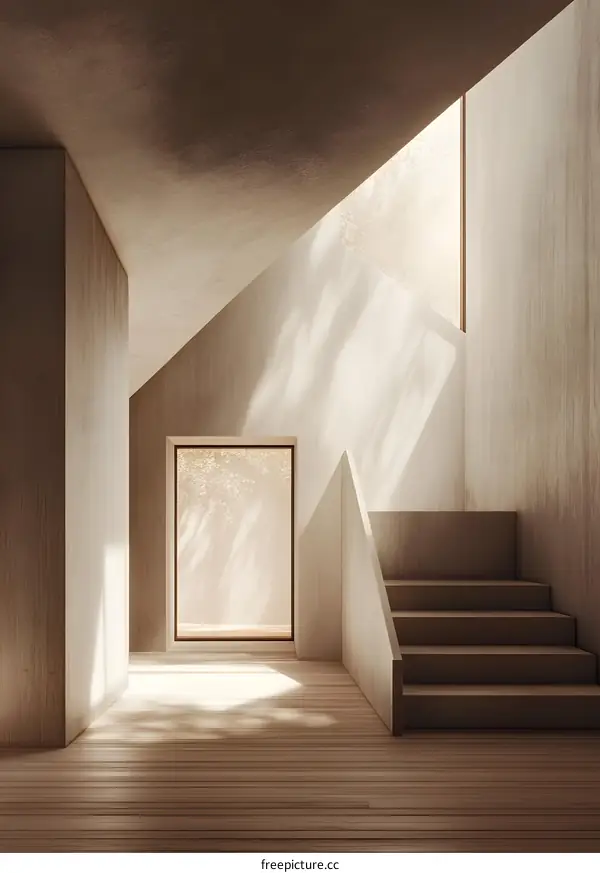 Minimalist Interior Design with Wooden Stairs and Sunlight