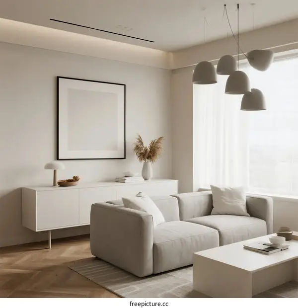 Minimalist living room with white sofa and modern pendant lights