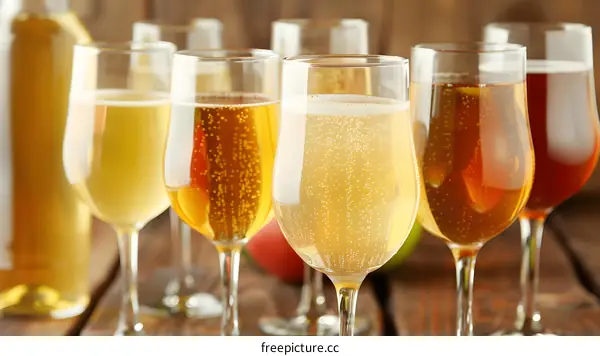 Glass of Apple Cider with Bubbles on Wooden Table