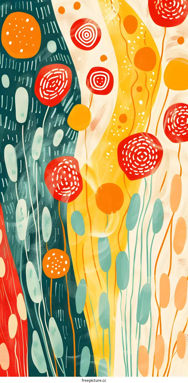 Abstract Floral Illustration With Green Red Yellow Colors