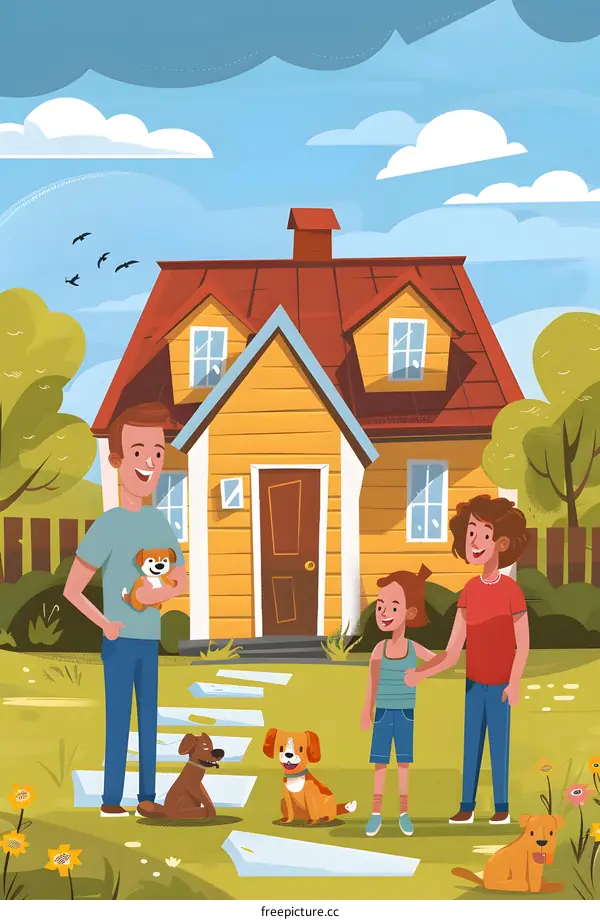 Happy Family with Dogs in Front of Their House