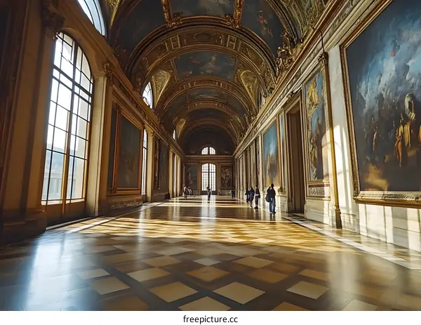Golden Hallway with Sunlight Streaming Through Windows