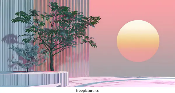 Minimalist 3D Illustration with Green Trees and Abstract Pink Sun