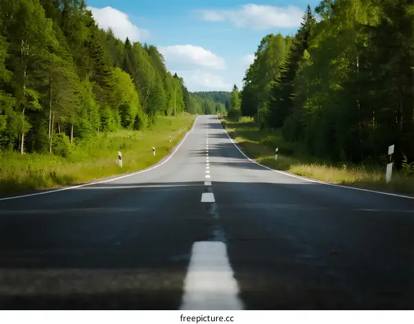 A long straight road surrounded by lush green forests under a clear blue sky