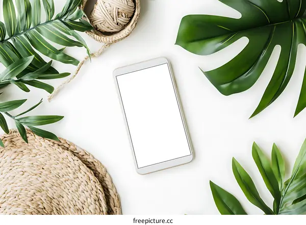 Flat Lay with White Phone and Green Leaves